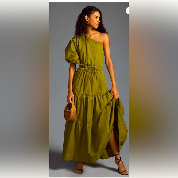 S/W/F Anthropologie Tiered One-Shoulder Green Dress. Never Worn!